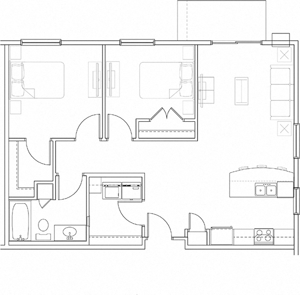 Floor plan for 2 beds, 1 bath, 921 sqft